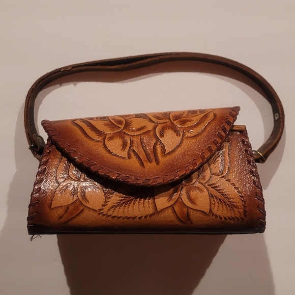 unbranded Handbags - Leather Sholder Bag With Floral Design Made In Mexico Size 9x4.5x4.5